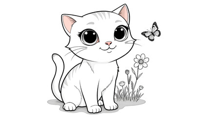 Ein Ausmalbild einer süßen Katze für Kinder.Die Katze sitzt freundlich da und blickt den Betrachter an. Klare, schwarze Konturen auf weißem Hintergrund, ohne Farbe. KI Generated