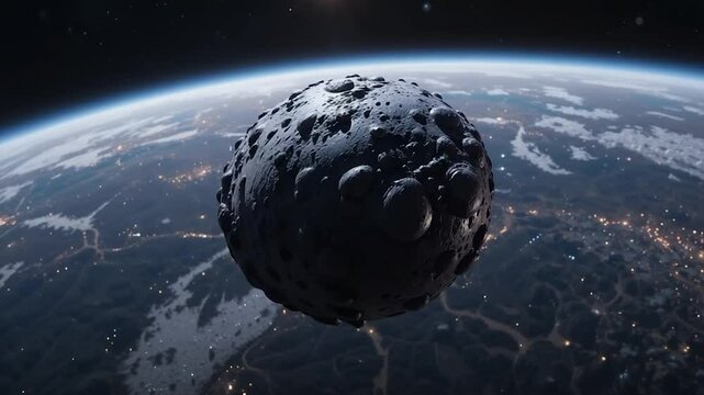 Large rocky celestial body near planet overhead view