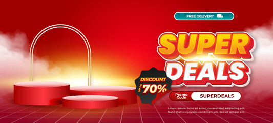 Fototapeta premium Super discount deals Sale Dynamic Red gradient Editable text effect Showcase Podium Cloudy style Horizontal Promotion banner Template