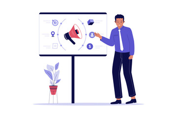Illustration of Product Promotion Planning. Marketing Strategy and Campaign Management Illustration. Illustrations for websites, landing pages, mobile apps, posters and banners