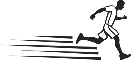A stylized silhouette of a runner in mid-stride, depicted in black against a white background