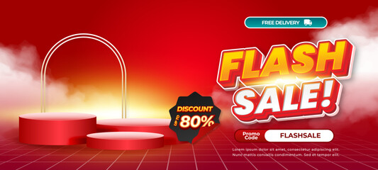 Flash discount deals Sale Dynamic Red gradient Editable text effect Showcase Podium Cloudy style Horizontal Promotion banner Template