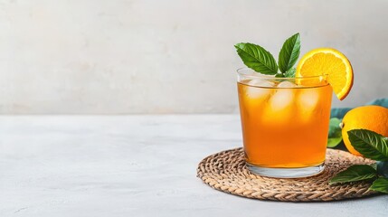 Fototapeta premium Refreshing Citrus Drink with Ice, Mint Leaves and Orange Garnish on a Light Background