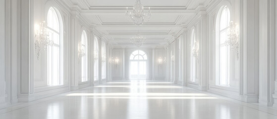 Elegant Hotel Hallway – Coffered Ceiling and Chandelier Luxury Interior