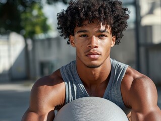 Young man training outdoors with medicine ball in urban park