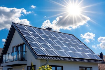 Naklejka premium A house with solar panels and the sun shining through clouds