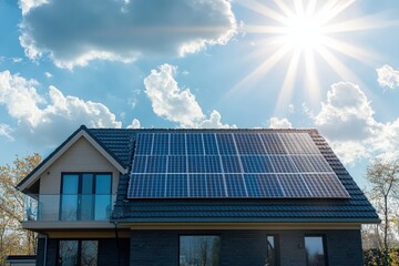 Fototapeta premium A house with solar panels and the sun shining through clouds