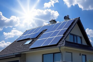 A house with solar panels and the sun shining through clouds