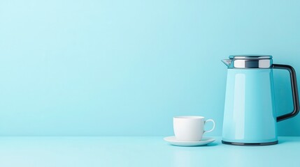 Stylish Aqua Teapot and White Cup on Light Teal Background for Modern Kitchen Decor
