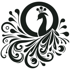 Elegant Peacock Silhouette: Black and White Bird Design