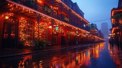 Obraz premium A rainy evening street scene, adorned with festive lights.
