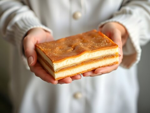 vanilla cake rectangle shaped in two hands