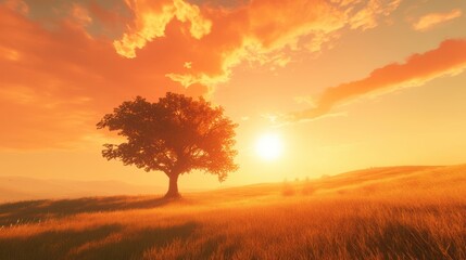 Fototapeta premium Solitary Tree in Wildflower Field at Sunset