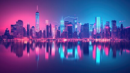 Fototapeta premium Vibrant neon cityscape reflected on water at dawn.