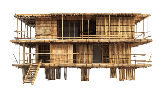 Two Story Wooden House Model on Stilts with Bamboo Scaffolding