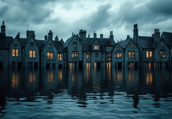 Fototapeta premium Stone Houses Submerged in Floodwater at Night