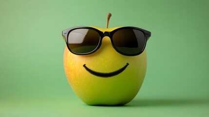 Digital illustration of a smiling green apple wearing sunglasses on a bright green background.