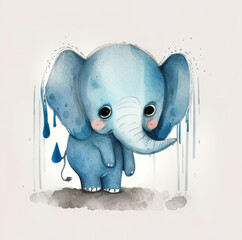 sad blue watercolor baby elephant on a white background