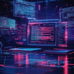 Obraz premium Digital workspace with glowing screens displaying data and coding in a tech-oriented, futuristic environment