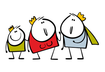 Royal family on a walk or a reception at the palace. Vector illustration of father the king, mother the queen and son the prince rule the state together.