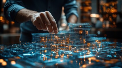 Person interacting with futuristic city model with glowing lights and blue accents.