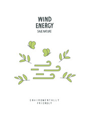 Vector cartoon sketch of wind energy sign with green leaves. .Environmentally friendly planet concept. Zero waste Concept. Think Green.