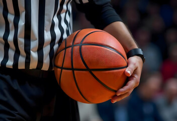 Referee with Orange Basketball on Blurred Background