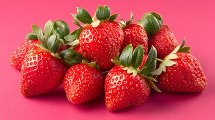 Photograph of fresh strawberries on a vibrant pink background, showcasing their red color and green leaves.