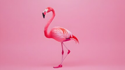 Fototapeta premium Digital illustration of a pink flamingo standing upright on a solid pink background.