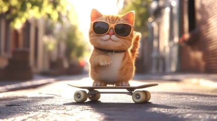 Digital illustration of a cat wearing sunglasses, riding a skateboard on an asphalt road.