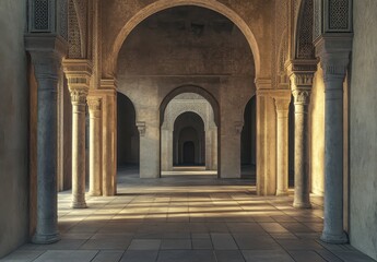 Sunlit Stone Hallway with Arched Passageways and Intricate Columns