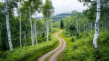 Obraz premium Winding forest path through aspen grove