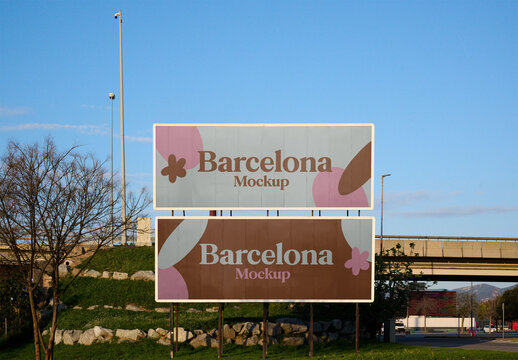 Two Blank billboard mockup stands ready for advertising in Barcelona.