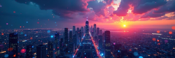 Digital blue dots background with futuristic cityscape at sunset, digital art, night sky, digital painting