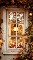 A decorated Christmas tree glows in the old house near the fireplace and window, a festive holiday home interior