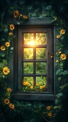 An old wooden window frame sits within a stone fireplace on a brick wall of an ancient house, reflecting the night outside on its glass