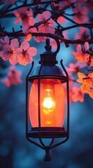A vintage red glass lantern casts a warm light in the dark night garden