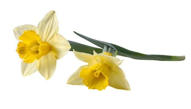 A cluster of yellow daffodils on a stem with a green background, symbolizing vitality, spring, and cheerful aesthetics. On a transparent background