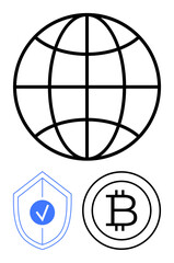 Globe symbolizes connectivity, shield with checkmark ensures security, Bitcoin circle represents cryptocurrency. Ideal for digital finance, blockchain, globalization, technology, cybersecurity