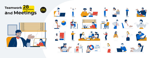 Corporate life cartoon flat illustrations mega bundle. Workplace communication. Remote teamwork. Professional talk. Diverse employees 2D images isolated on white. Collection vector drawings colorful
