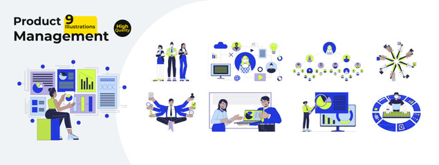 Product management workflow cartoon flat illustrations mega bundle. Data visualization. Diverse team collaboration. Performance metrics 2D images isolated on white. Collection vector drawings colorful
