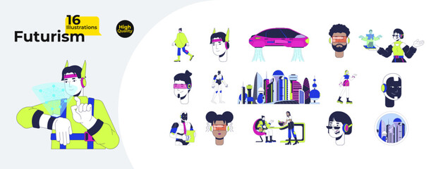 Fototapeta premium Futurism and sci-fi technology cartoon flat illustrations mega bundle. Scifi wearable, hologram, flying car, cybernetics, robots 2D images isolated on white. Collection vector drawings colorful