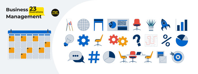 Business management essentials cartoon flat illustrations mega bundle. Calendar, charts, gears, office desk, piechart, target, rocket 2D images isolated on white. Collection vector drawings colorful