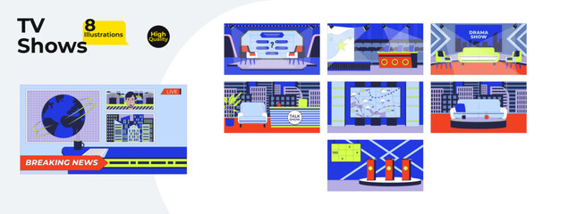 TV shows studio set cartoon flat illustrations mega bundle. Quiz competition, breaking news desk, weather broadcast furniture 2D images isolated on white. Collection vector drawings colorful