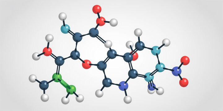 3D molecular structure of a complex pharmaceutical compound with colored atoms, aromatic rings, and side chains, shown in detailed scientific rendering.