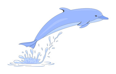 Playful dolphin jumping from water splash 2D cartoon character. Sea animal leaping joyfully out of ocean. Marine wildlife flat vector creature isolated on white. Spot illustration colorful