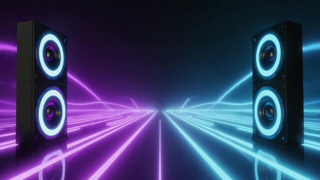 Two Loudspeakers with Neon Lighting in Dark Room