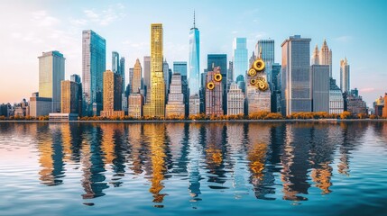 Fototapeta premium Cityscape panorama with reflections