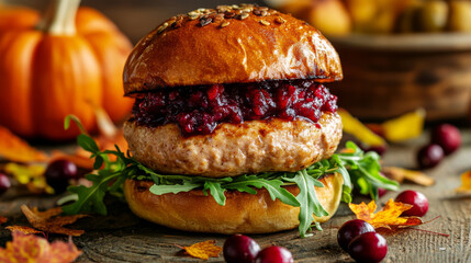 Turkey burger with cranberry sauce and arugula