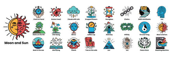 image is a collection of various symbols and icons including a sun a clock